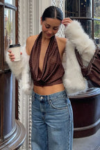 Polka Dot Color Block Backless Halter Crop Top