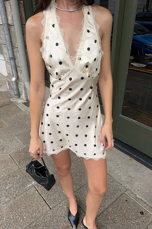 Lace Trim Polka Dot Halter Mini Dress