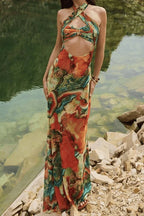 Halter Hollow Out Maxi Floral Dress