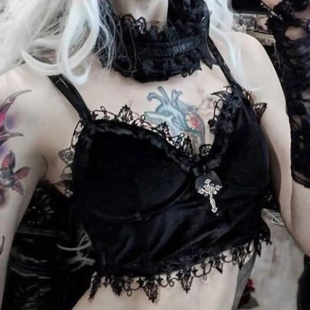 Gothic Lace Bandage Velvet Sleeveless Crop Top