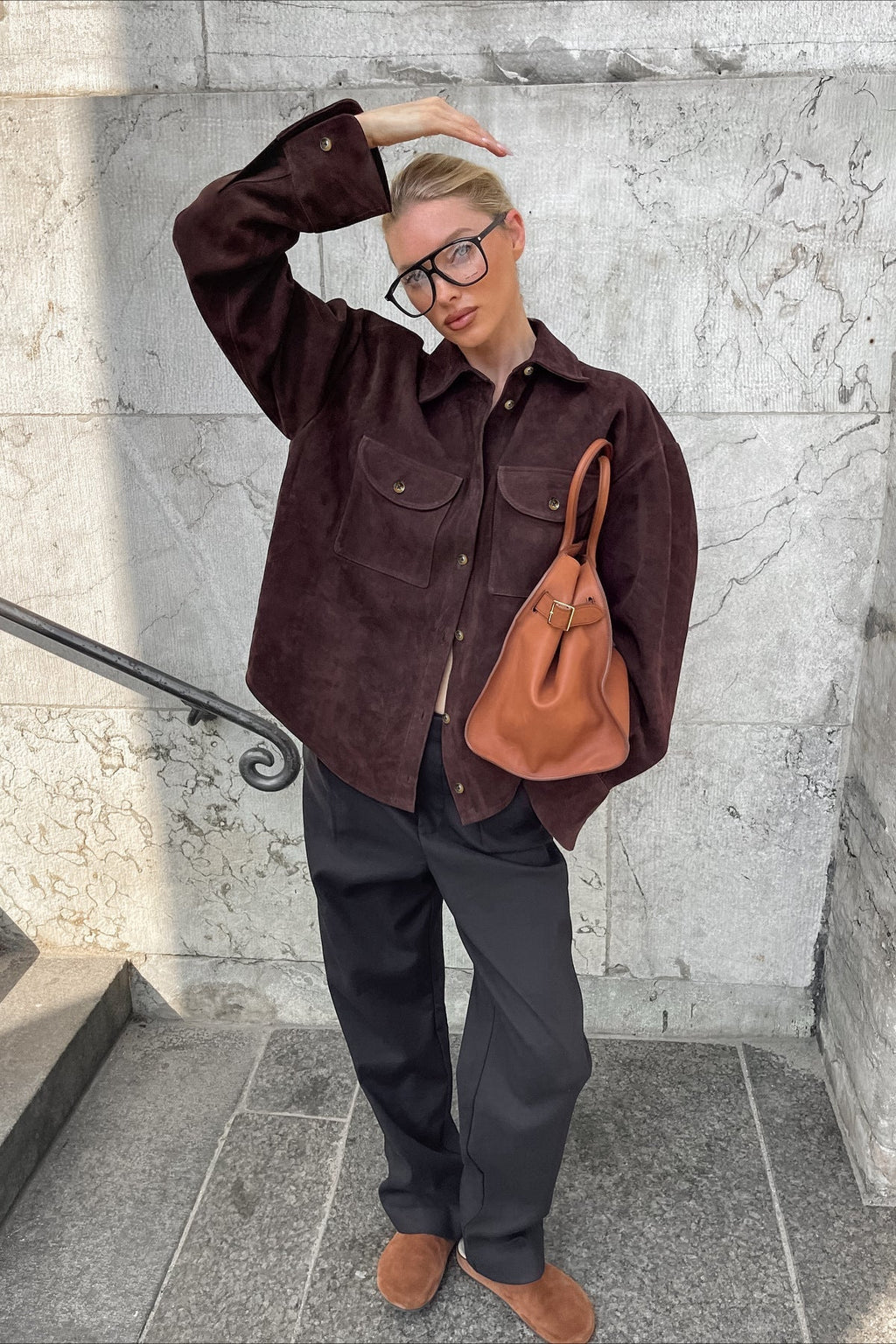 Brown Suede Loose Blazer Coat