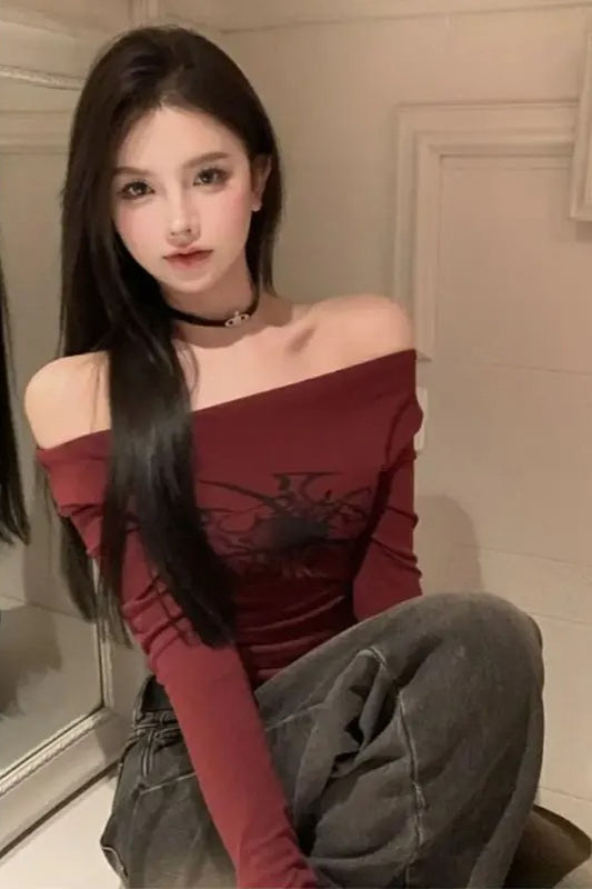 Y2K Off Shoulder Gothic T-Shirt