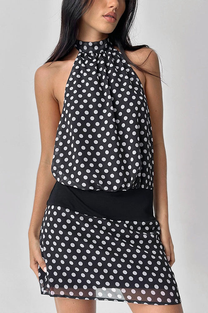 Polka Dot Halter Backless Chiffon Bodycon Mini Dress