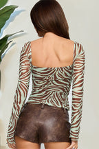 Printed Mesh Long Sleeve Blouse