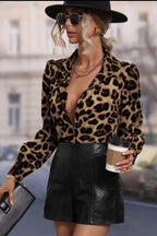 Leopard Print Slim Fit Bubble Sleeve Blouse