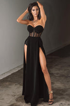 Knitted Strapless Waist Cinched Split Maxi Dress