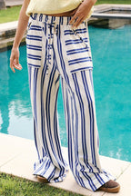 Beach Style Striped Drawstring Wide Leg Pants