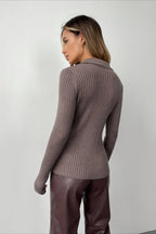 Polo Neck Fitted Ribbed Knit Sweater