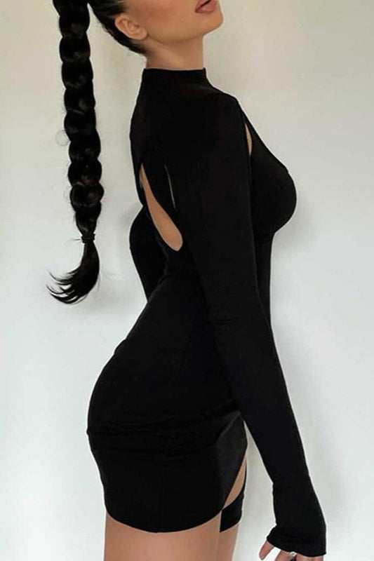 Solid Color Cut Out Long Sleeve Bodycon Mini Dress