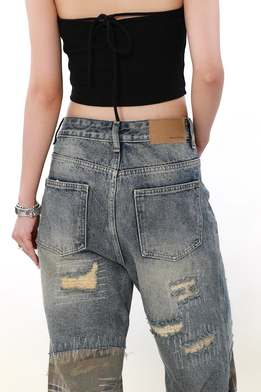 Camouflage Patchwork Distressed Wide Jeans