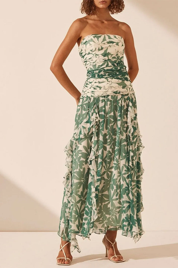 Printed Strapless Chiffon Boho Dress