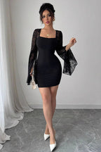 Lace Splice Square Neck Flare Sleeve Mini Dress