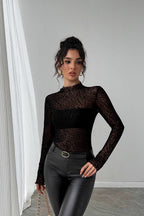 Ruffled Mesh Long Sleeve Knit Top