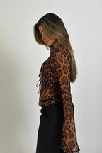 Sexy Leopard Print Sheer V-Neck Blouse