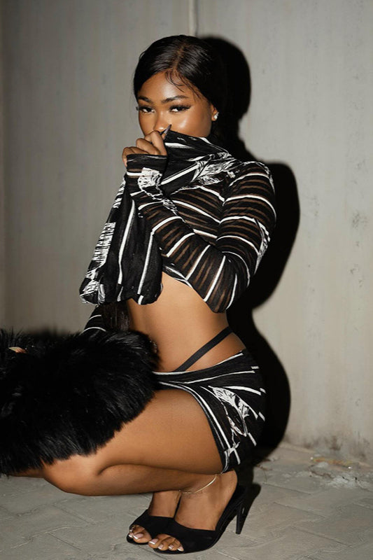 Sexy Mesh Striped Crop Top Skirt Two Pieces Set