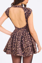 Leopard Pleated Backless Round Neck Mini Dress