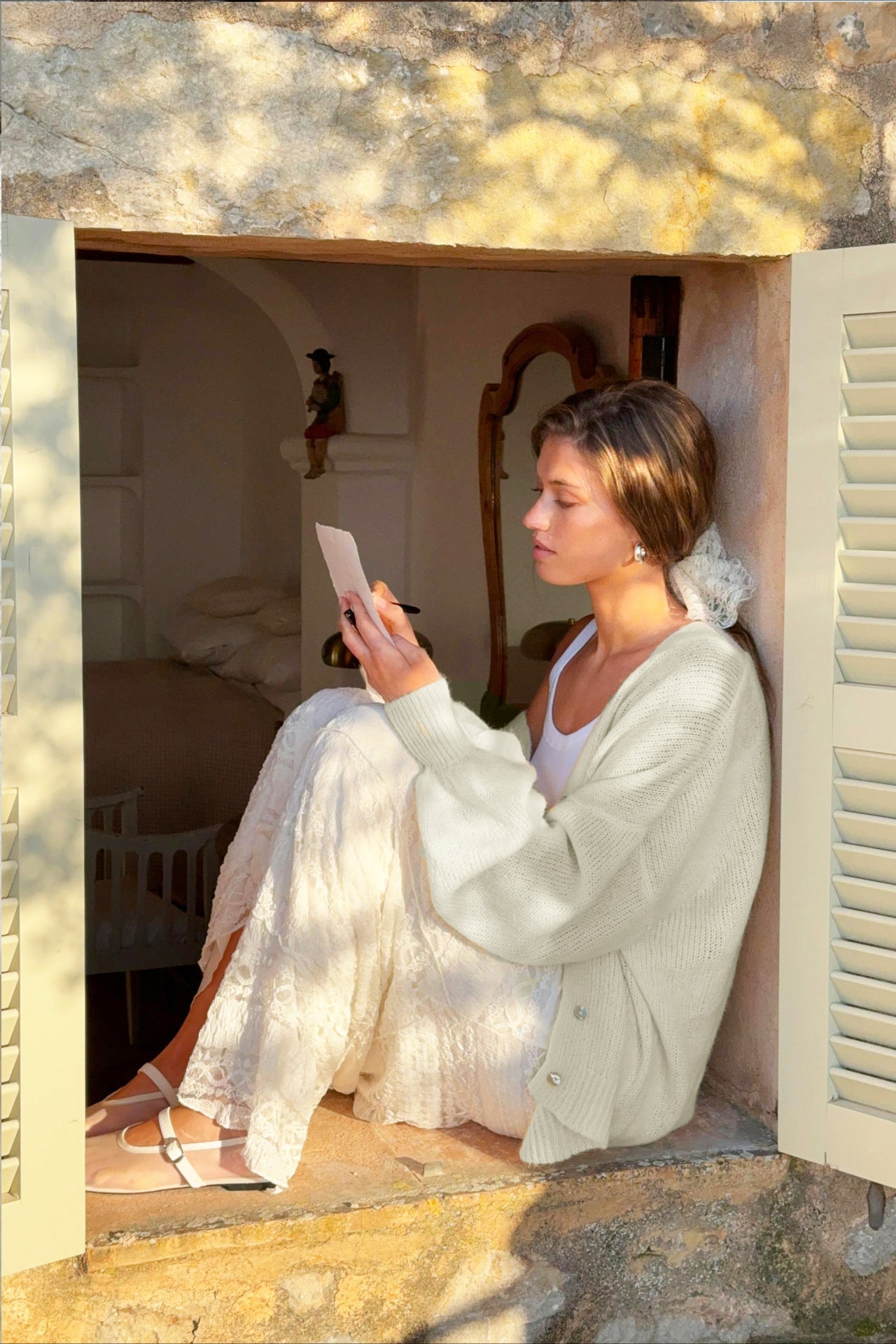 V-Neck Mohair Lace Bell Sleeve Cardigan