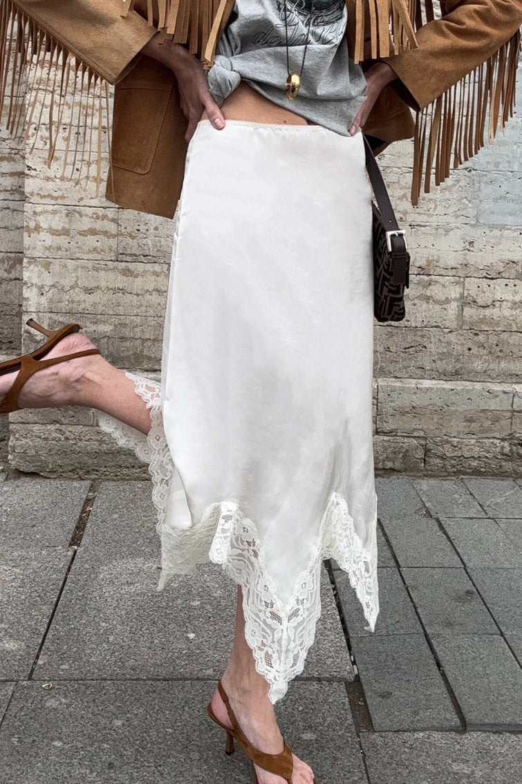 Satin Lace A-Line Midi Skirt