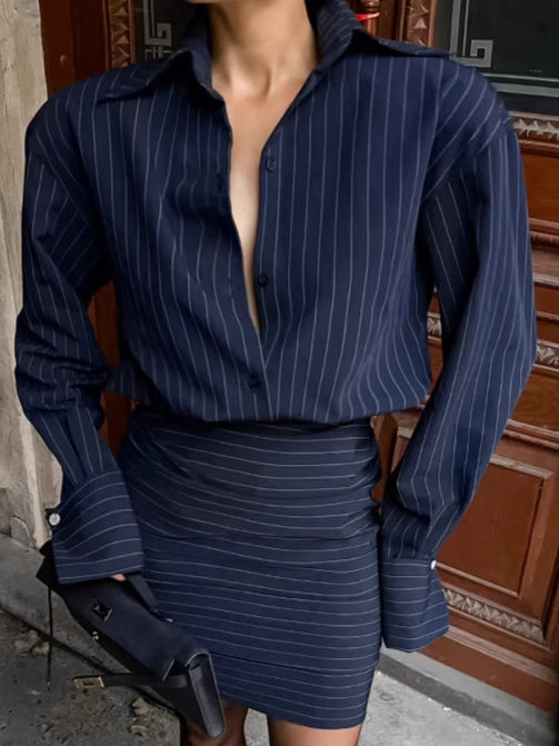 Striped Long Sleeve Shirt Dress Blouse
