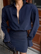 Striped Long Sleeve Shirt Dress Blouse