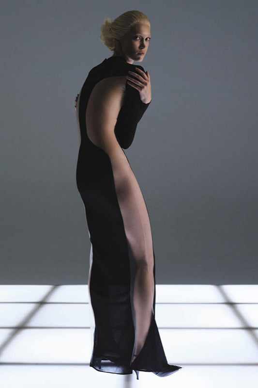 Sexy Sheer Mesh Insert High Waist Bodycon Maxi Dress