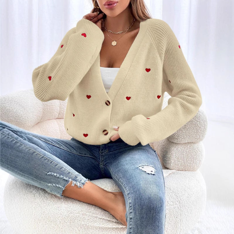 Heart Embroidery V-Neck Knit Cardigan