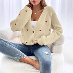 Heart Embroidery V-Neck Knit Cardigan