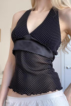 Polka Dot Satin Bow Tie Backless Halter Crop Top