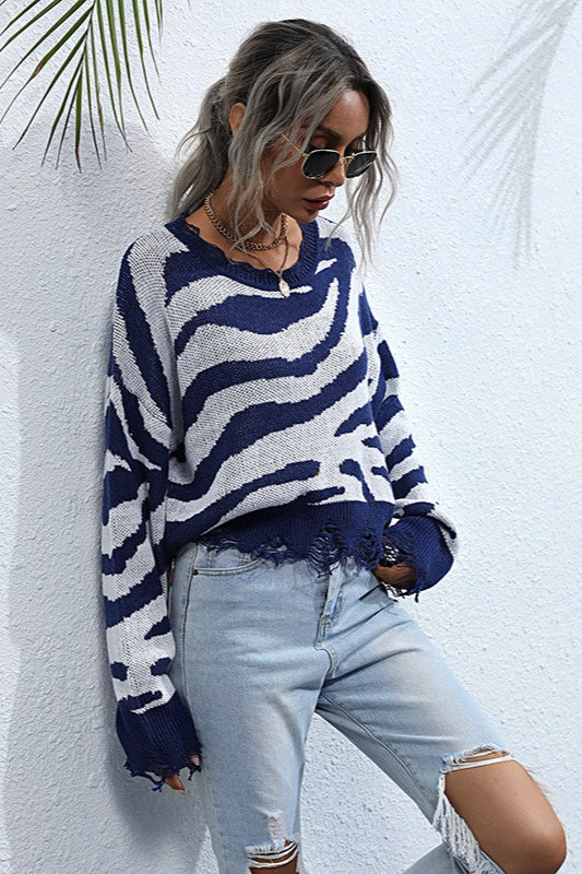 Distressed Zebra Print Knit Sweater