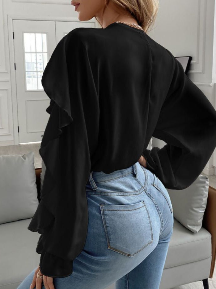 Ruffled V-Neck Long Sleeve Blouse