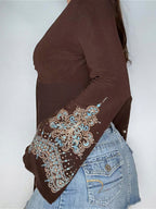 Vintage V Neck Printed Long Sleeve Blouse