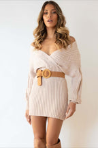 Cable Knit V-Neck Sweater Mini Dress
