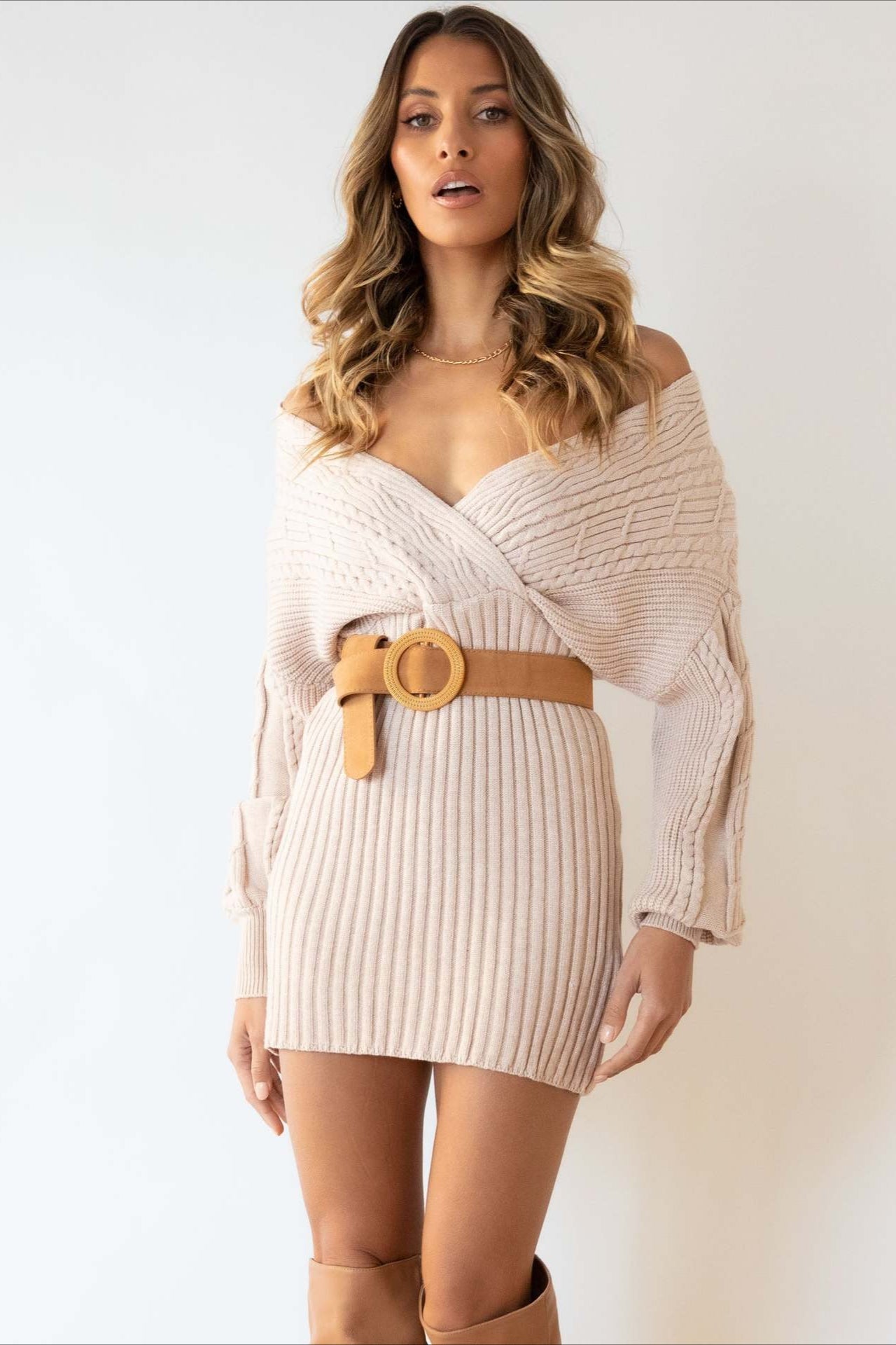 Cable Knit V-Neck Sweater Mini Dress