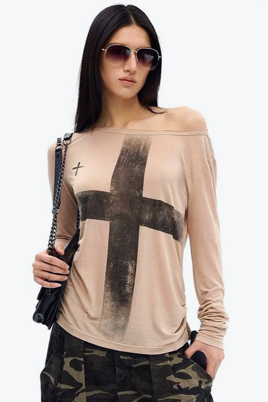 Cross Print Asymmetrical T-Shirt