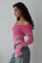 Off Shoulder Zipper Fitted Knit  Blouse