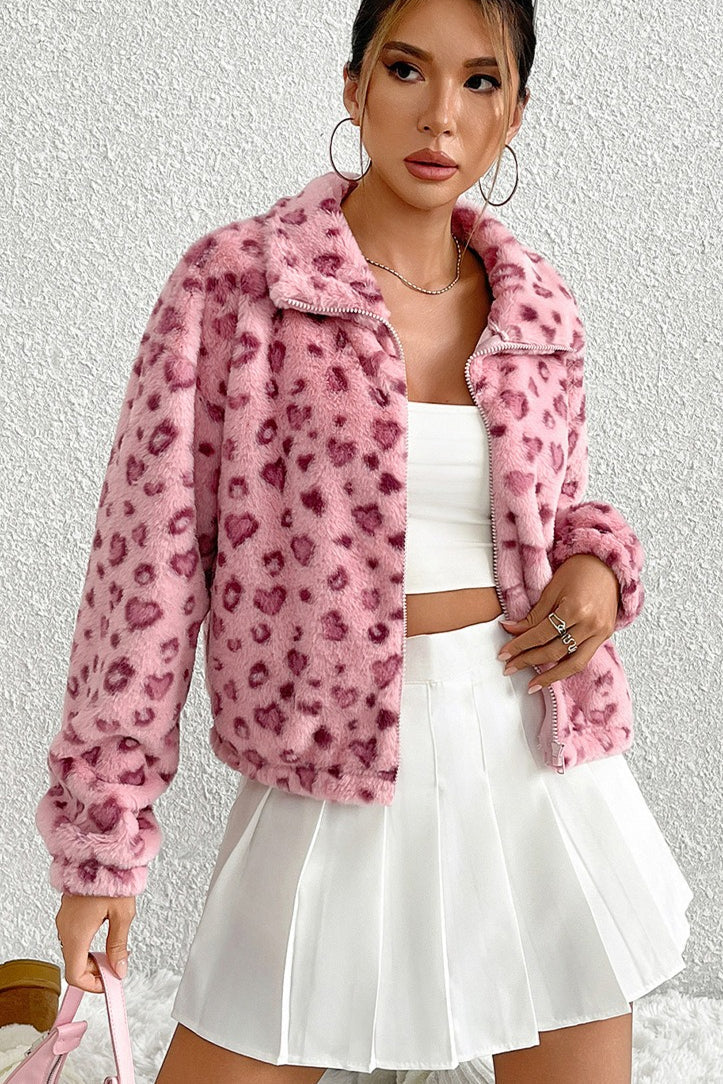 Cozy Heart Leopard Print Fleece Coat