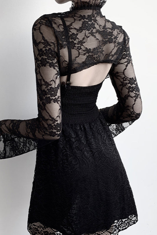 High Neck Flared Sleeve Lace Knit Top