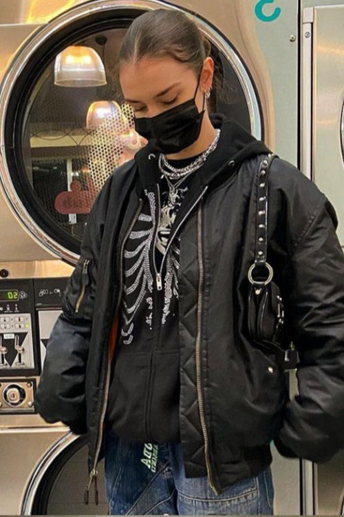 Solid Rhinestone Skeleton Zip Up Hoodie