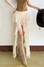 Lace Mesh High Waist Slit Skirt