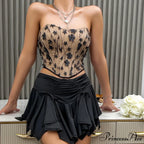 3D Blooming Retro Fishbone Corset Trim Crop Top