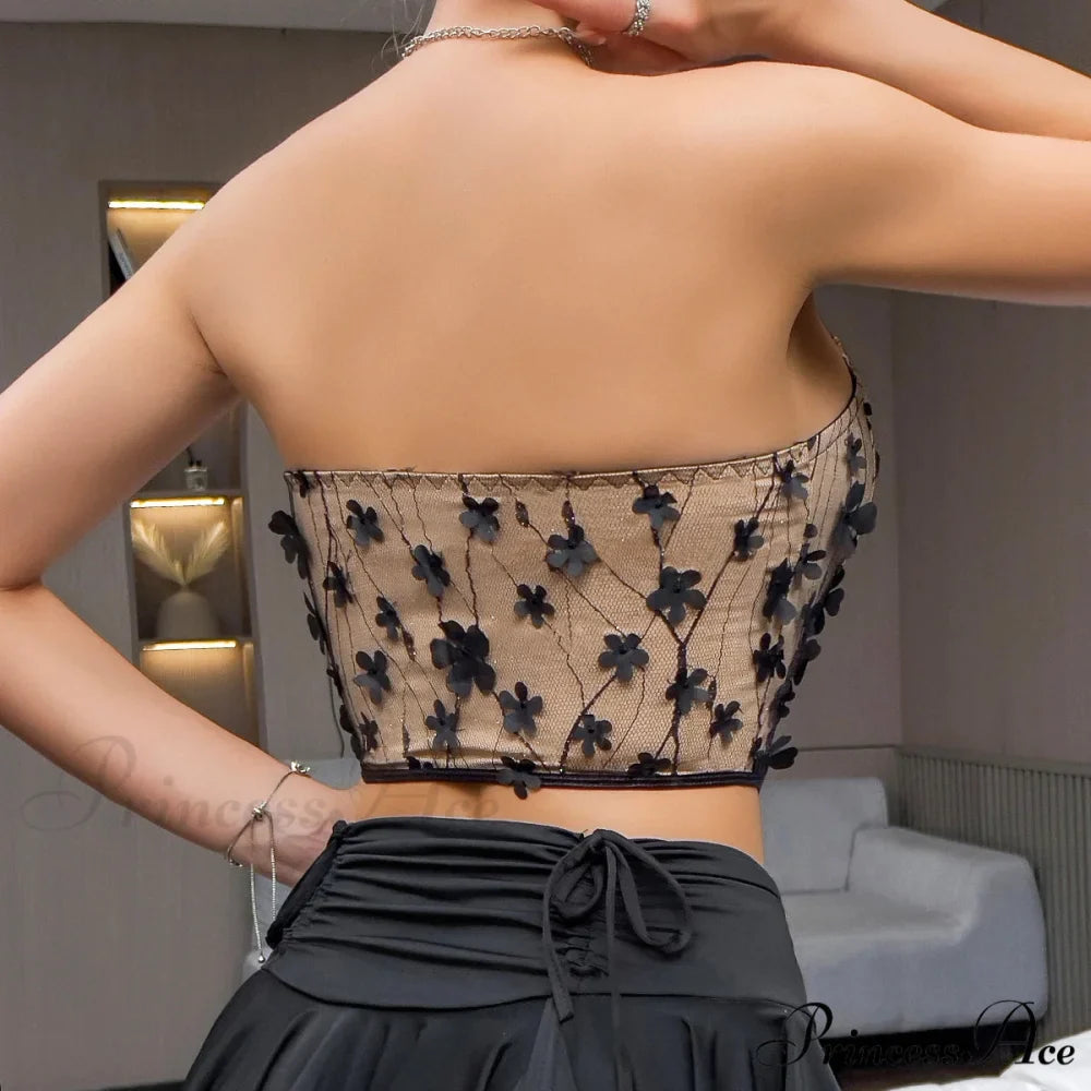 3D Blooming Retro Fishbone Corset Trim Crop Top