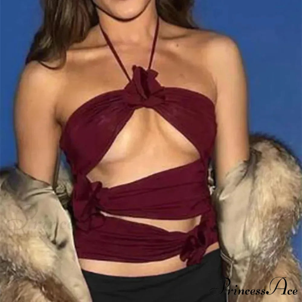 3D Blooming Strap Halter Bodycon Crop Top