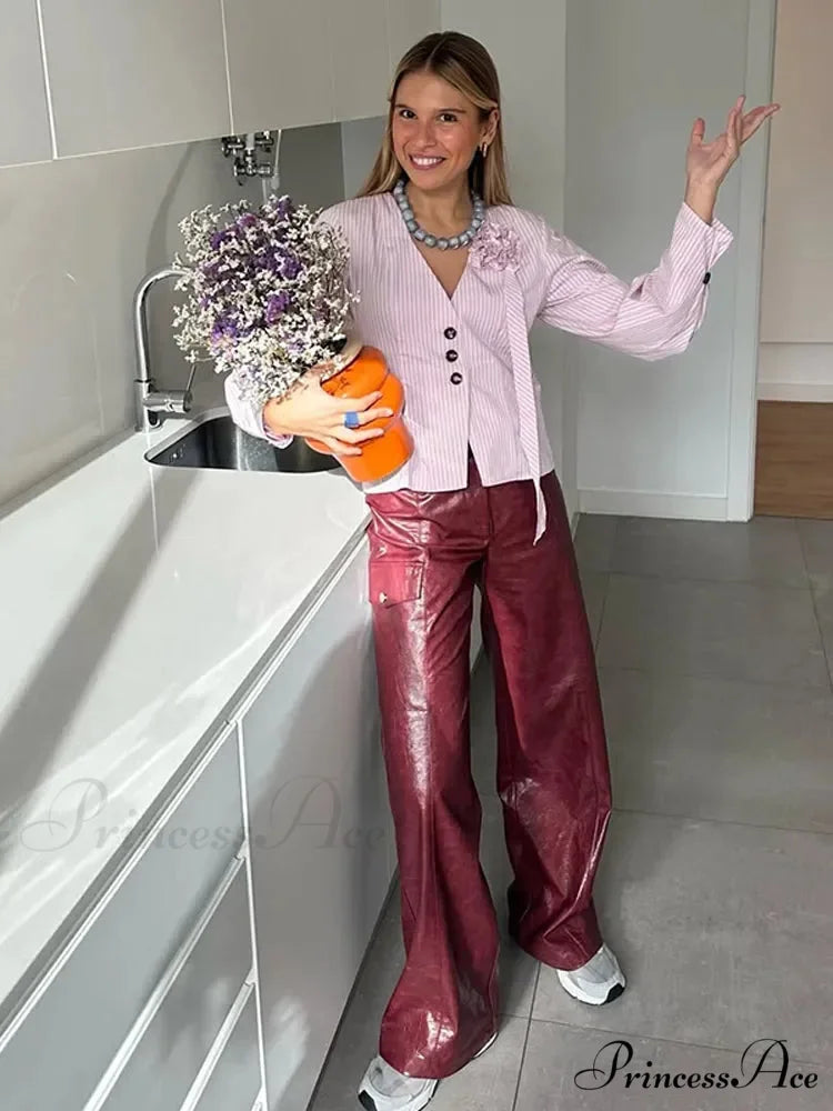 3D Blossom Joining V Neck Rose Blouse