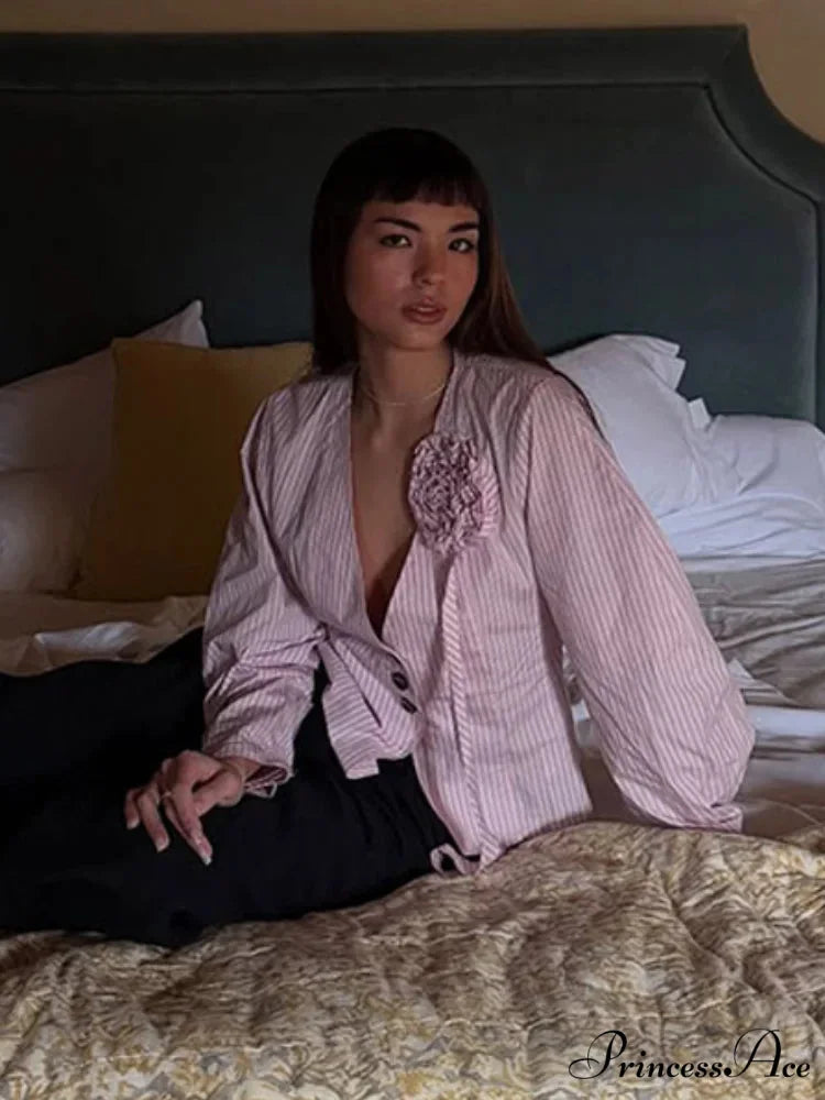 3D Blossom Joining V Neck Rose Blouse