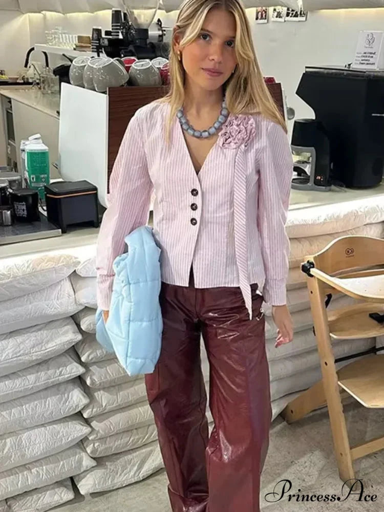 3D Blossom Joining V Neck Rose Blouse