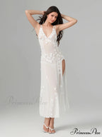 3D Blossom Ornament Backless Low-Cut Slit Sheer Beach Floral Dress