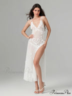 3D Blossom Ornament Backless Low-Cut Slit Sheer Beach Floral Dress