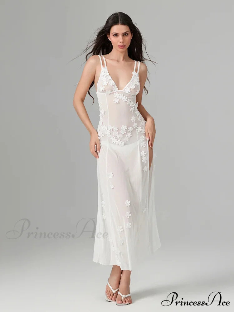 3D Blossom Ornament Backless Low-Cut Slit Sheer Beach Floral Dress