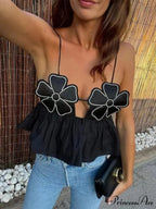 3D Blossom Spaghetti Strap Open-Back Crop Top