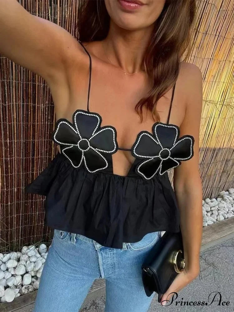 3D Blossom Spaghetti Strap Open-Back Crop Top